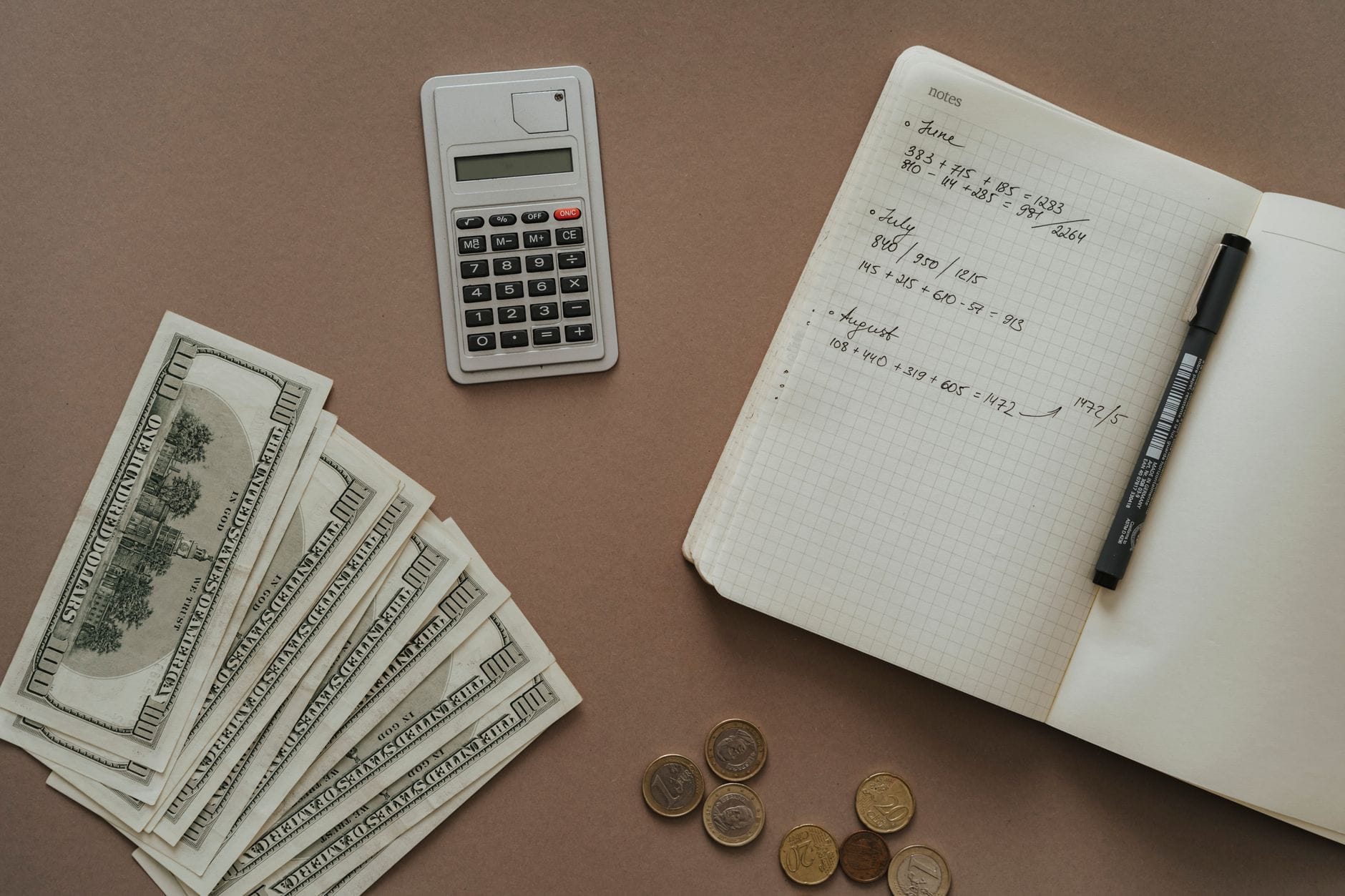 Kalkulator, notes i banknoty dolarowe ułożone na biurku przy planowaniu budżetu